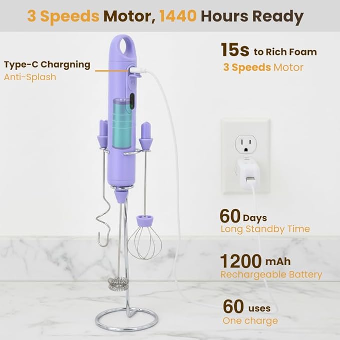 Rechargeable Milk Frother Handheld 3 Speed Coffee Foamer [3 Whisk] Electric Drink Mixer for Latte, Cappuccino, Coffee, Eggs, Hot Chocolate, Purple