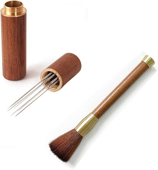 Becho Espresso Distribution Tool With Natural Wooden Storage Tube,8 Needles Ground Coffee Stirrer Tool Portable Coffee Stirrer for Home Kitchen Cafe (Rosewood)
