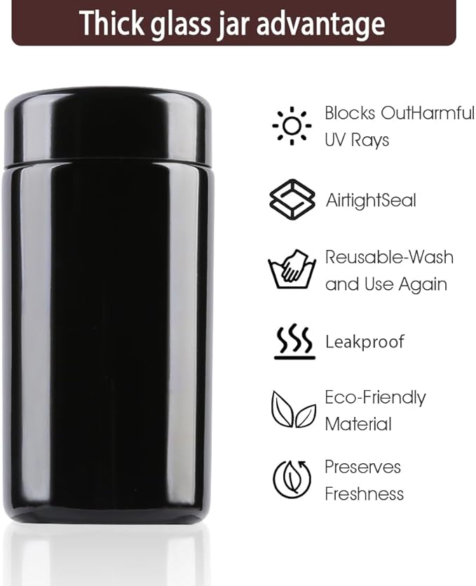 50g Black Ultraviolet Glass Jar with Lid,50ml Storage jars,Refillable Containers Jar,Ideal for Long term storage Leaf,Coffee,Spices (E: 50ml)