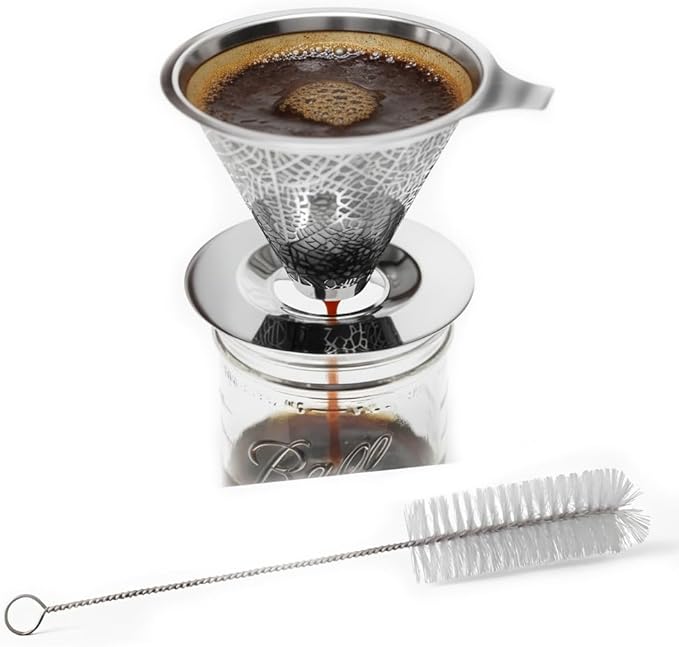 Reusable Stainless Steel Pour Over Drip Coffee Filter for Mason Jars,Fits Wide Mouth & Regular Jars, Manual Brew Coffee Dripper,No Paper Filters Needed,Rustproof,Dishwasher Safe