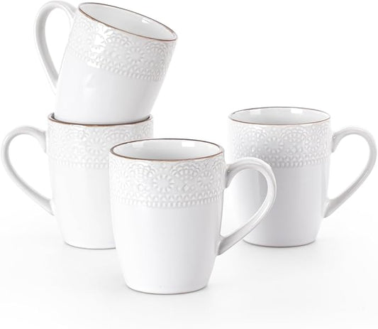 famiware Coffee Mugs Sets for 4, 12 oz Mug Set, Coffee Cups with Handle for Coffee, Tea, Cocoa and Milk, Microwave and Dishwasher Safe, White Floral