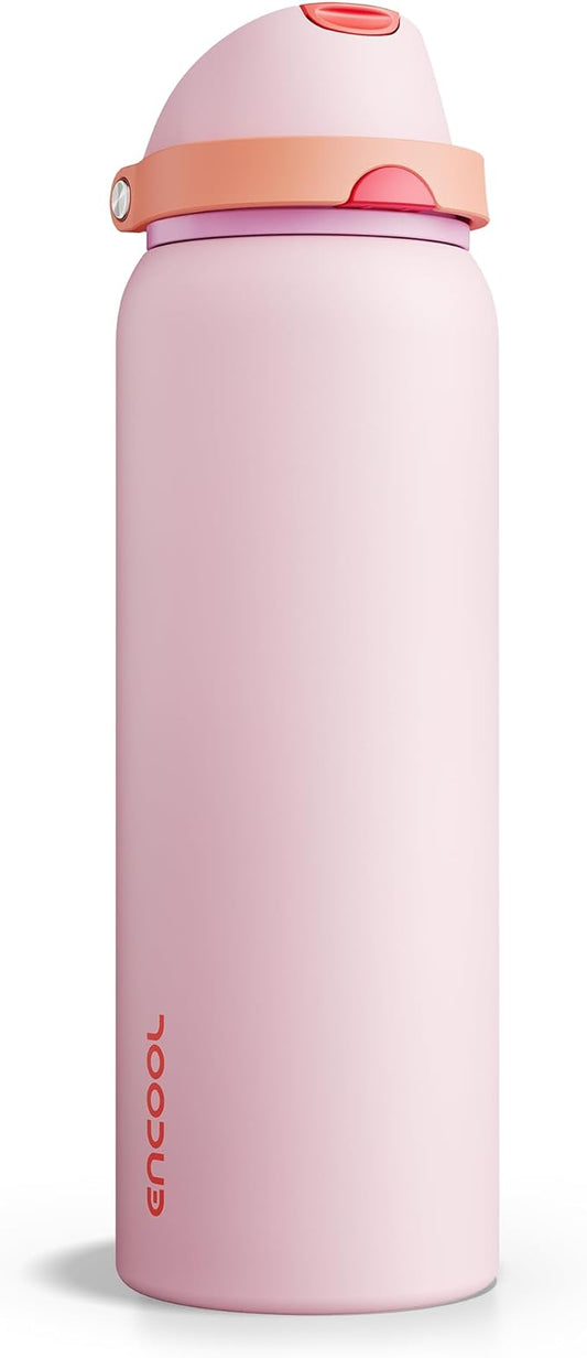 Insulated Water Bottle with Straw - Encool Stainless Steel Water Bottle with Push Button Lid, Leak-Proof & BPA-Free, Keeps Cold for 24 Hours for Sports, Travel, Gym (40 oz, Lily-Red)