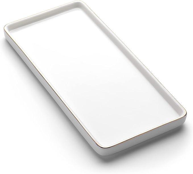 Gurygo 8" Bathroom Tray, Ceramic Vanity Trays for Bathroom, Small Ceramic Trays, Kitchen Soap Tray for Kitchen Counter (White with Gold-Edged, 8",Set/1)