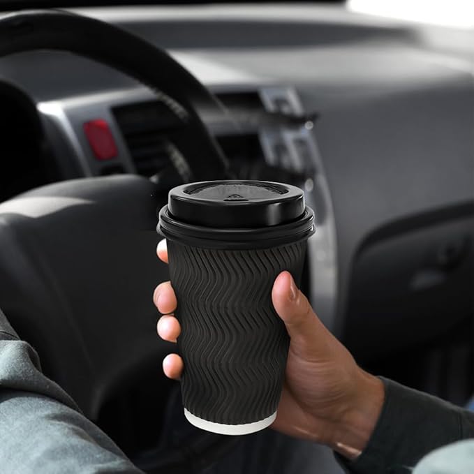 BYSNOW 16 oz Coffee Cups with Lids, 100 Pack Disposable Coffee Cups Insulated Ripple Paper Cups for Water, Juice, Espresso (Black 16 oz)