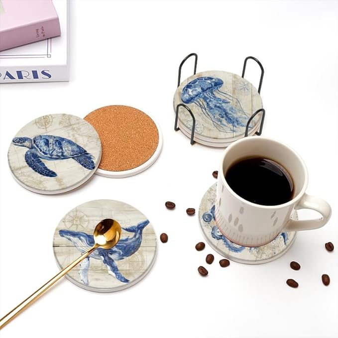 Drink Coasters Set of 6 with Holder Vintage Marine Style Wood Grain Nautical Coasters Cork Base Absorbent Ceramic Coasters,Ocean Themed Gifts,Suitable for Dining Tables & Coffee Tables