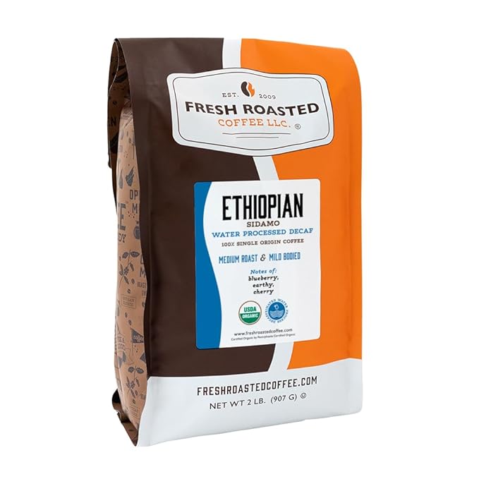 Fresh Roasted Coffee, Organic Ethiopian Sidamo Water-Processed Decaf | USDA Organic, 100% Single Origin, Kosher | Medium Roast 2 lb (32 oz) Whole Bean