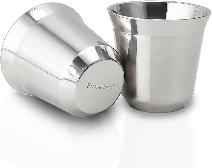 Easyworkz Stainless Steel Espresso Cup 2pcs Set Double Wall Insulated Metal Demitasse Cups 2.5 oz