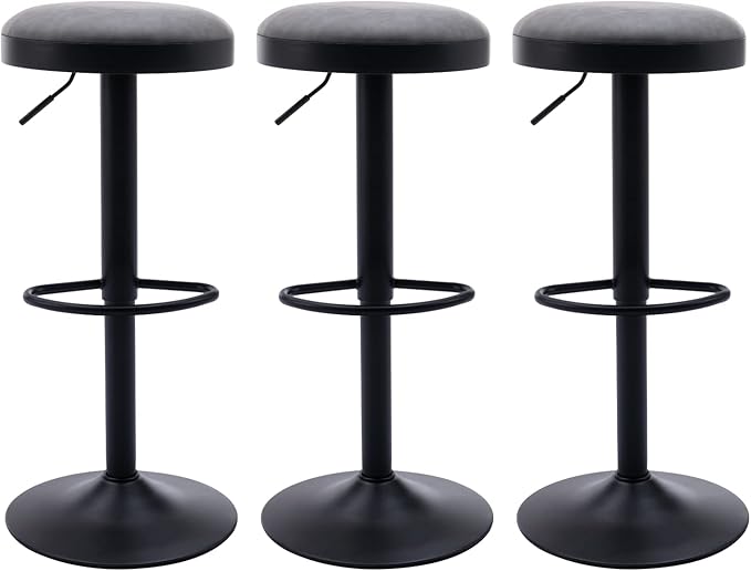Round Swivel Counter Height Bar Stools Set of 3 Modern Adjustable Barstools Backless PU Leather Bar Chairs Industrial Island Chairs with Metal Base/Footrest for Kitchen Island/Pub/Bar, Grey