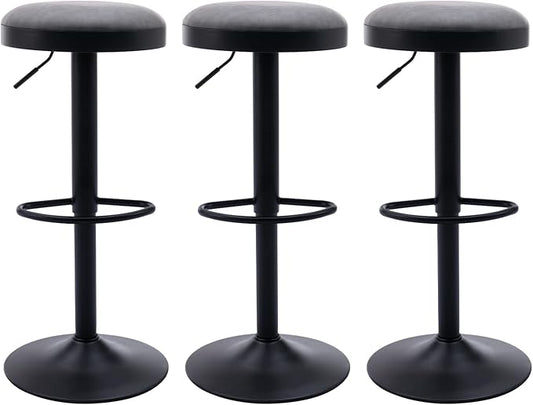 Round Swivel Counter Height Bar Stools Set of 3 Modern Adjustable Barstools Backless PU Leather Bar Chairs Industrial Island Chairs with Metal Base/Footrest for Kitchen Island/Pub/Bar, Grey