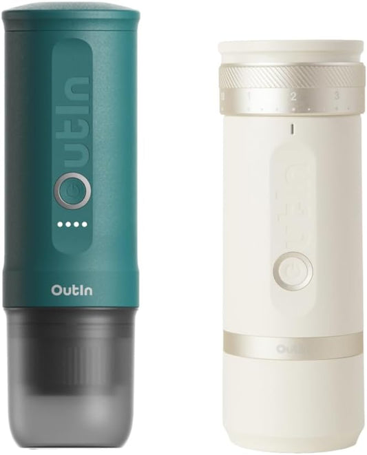 OutIn Nano Portable Electric Espresso Machine with Fino Portable Electric Coffee Grinder, White & Green