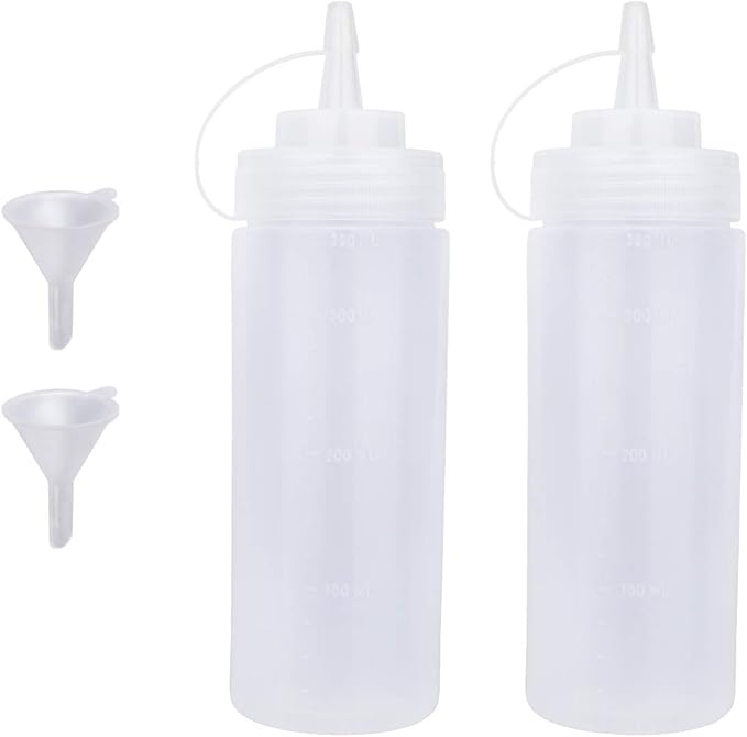Katfort Squeeze Bottles for Sauces 2 Pack, Ketchup Bottle 12 Ounce Plastic Dressing Squirt Bottle with Cap Lids and Funnel, Condiment Bottles for Liquids BBQ Dressing Pancake Art Dispenser