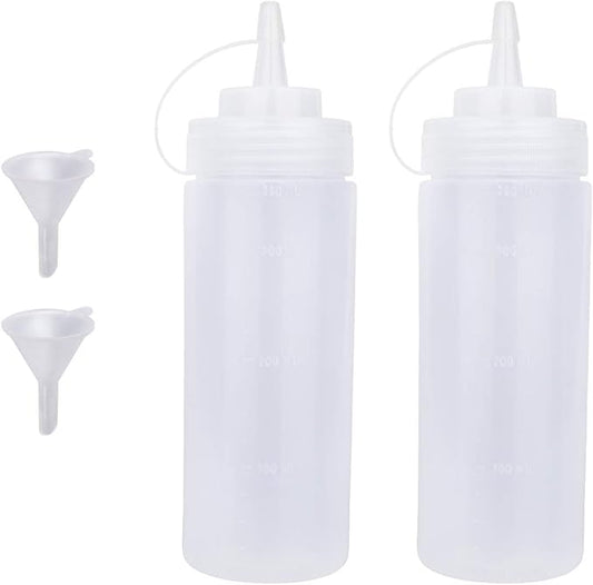 Katfort Squeeze Bottles for Sauces 2 Pack, Ketchup Bottle 12 Ounce Plastic Dressing Squirt Bottle with Cap Lids and Funnel, Condiment Bottles for Liquids BBQ Dressing Pancake Art Dispenser
