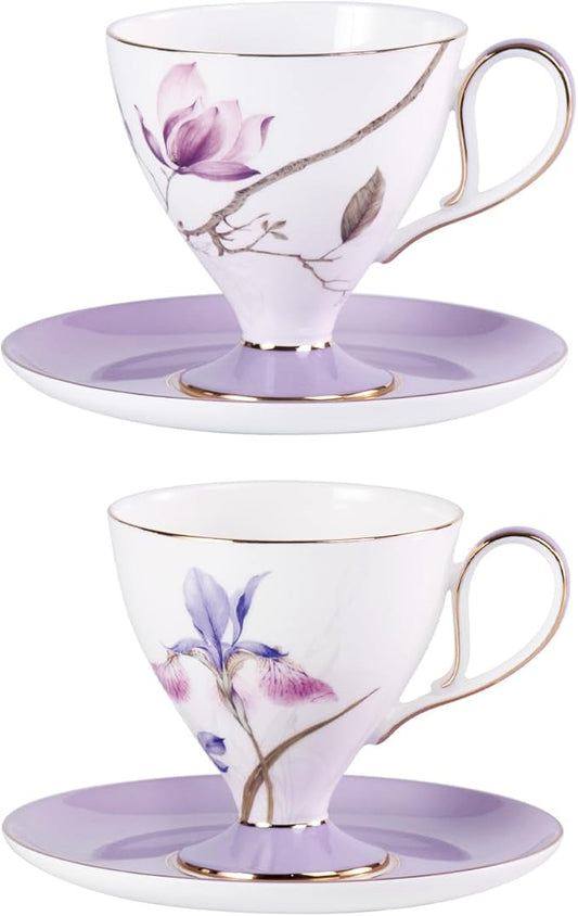 KAMMAK Ceramic Coffee Cups Saucers Set of 2, Porcelain Espresso Cups with Saucers, 8.12 oz Handcrafted Elegant Bone China Tea Cups, Purple Hibiscus & Iris Flower Pattern Teacup for Party, Office, Gift