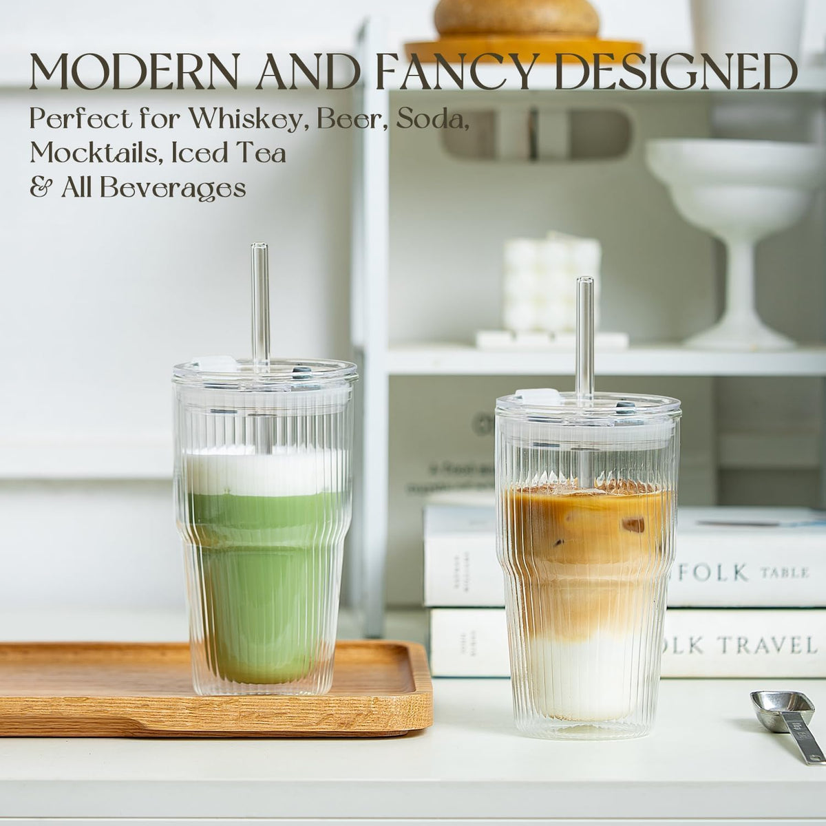 KEMORELA 16 oz Double-Wall Glass Tumblers with Lids & Straws, Set of 2