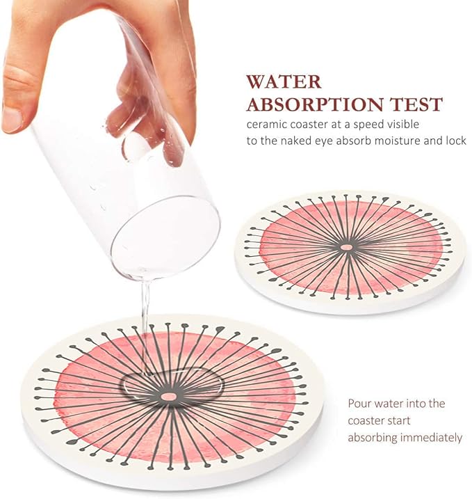 Britimes Coaster for Drinks Set of 6, Watercolor Doodle Circles Flower Absorbent Round Ceramic Stone Mat, with Cork Base and Metal Holder, Gift for Housewarming Room Bar Decor