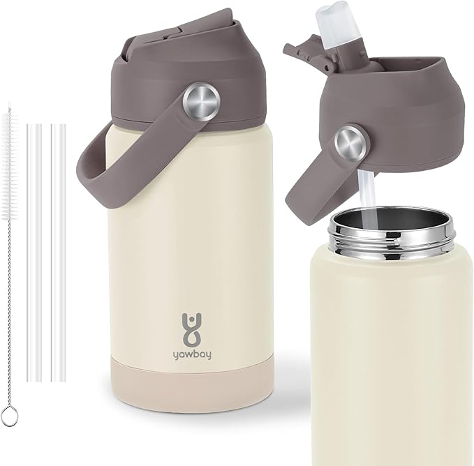 Kids Insulated Water Bottle with Straw Lid & Silicone Handle,12oz Kids Leak Proof Water Bottle for School Boys Girls,Double Wall Vacuum Stainless Steel with Non-slip Silicone Base(Beige)