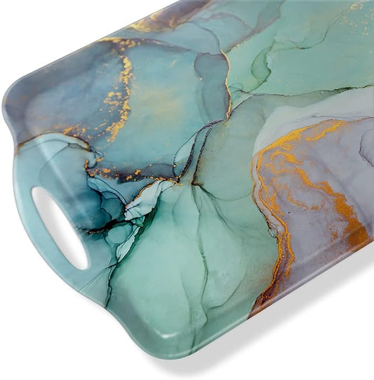 Serving Tray Decorative Tray with Handles Multi-Purpose Rectangular Serving Trays for Restaurant, Parties, Coffee Table, Kitchen - Teal Marble Pattern