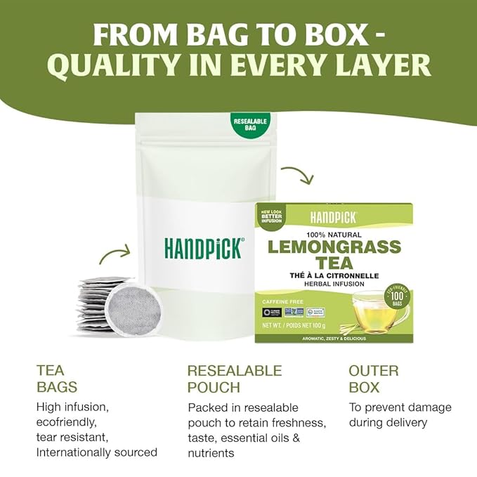 HANDPICK, Lemongrass Tea Bags (100 Count) Non-GMO, Caffeine Free - Quality Lemongrass Herbal Tea- Eco-conscious Round Tea Bags | Brew Hot or Iced Tea