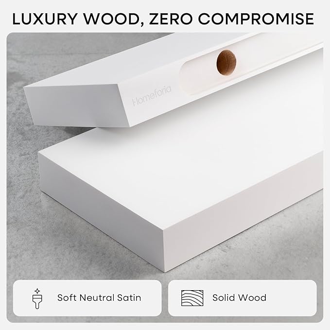 Homeforia White Floating Shelf 48 inches, High End Solid Real Wood 48inch Long Floating Shelves for Wall Mounted, White Wooden 48in Floating Shelves, Heavy Duty Bracket, 48 X 6.5 X 1.75 inch, Set of 3