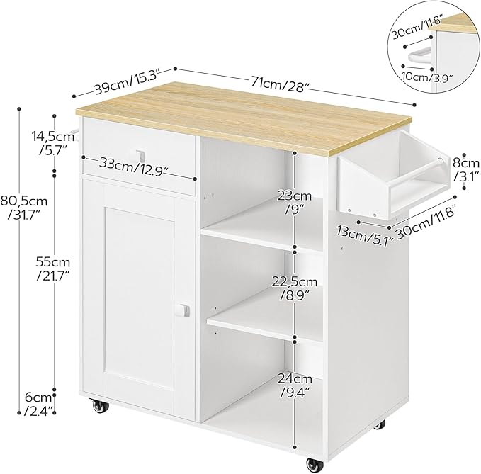 HOOBRO Kitchen Island, Storage Cabinet with Drawer, Kitchen Cart with Spice and Towel Rack, Saving Space, Easy Assembly, for Living Room, White and Natural WN12ZD01