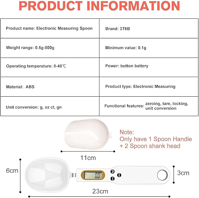 3T6B Digital Spoon Scale Electronic Measuring Spoon with 2 Replaceable Spoons, Food Coffee Weigh Scale High Precision for Home 500/0.1g, Digital Food Spoon Scale, Kitchen Scales with LCD Display