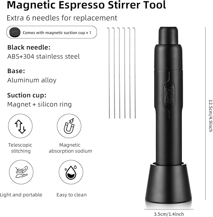 WDT Espresso Distribution Tool - Magnetic Espresso Stirrer Tool with Stainless Steel Retractable Needles, Coffee Needle Distribution Stirrer for Barista, with Extra 6 Needles (Black)