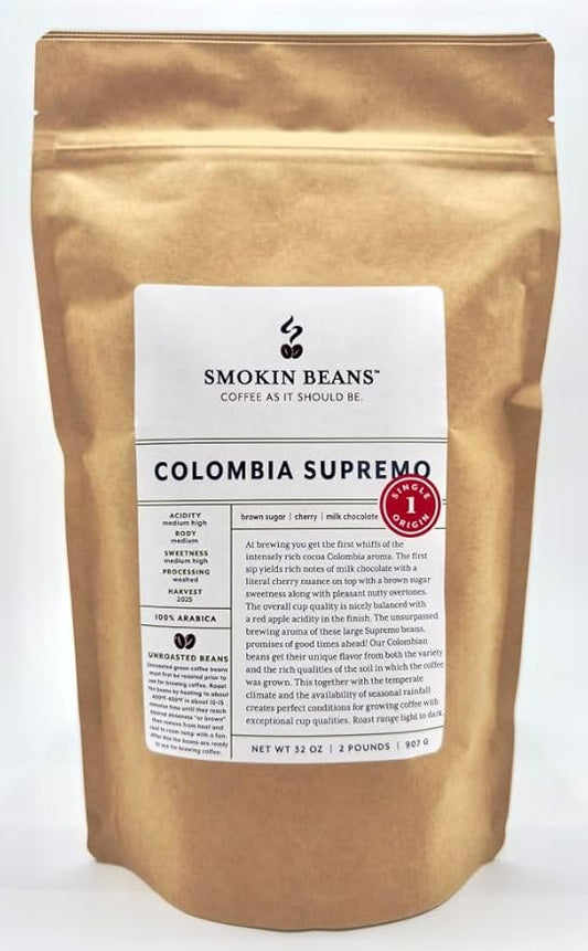 2-Pound Colombia Supremo, Unroasted Green Arabica Coffee Beans, Fresh Current Crop Specialty Grade, Roast the Beans Yourself at Home on Your Roasting Equipment Prior to Using for Brewing Coffee