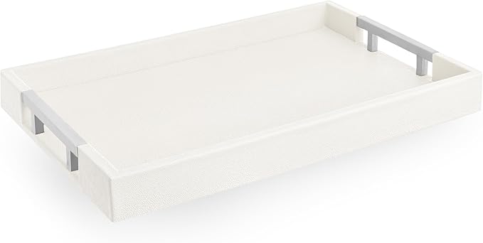 Modern Elegant 17.5"x12" White Rectangle Shagreen Faux Leather Decorative Tray Ottoman Coffee Table Perfume Living Room Kitchen Serving Tray with Silver Metal Handles for All Occasion's