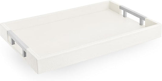Modern Elegant 17.5"x12" White Rectangle Shagreen Faux Leather Decorative Tray Ottoman Coffee Table Perfume Living Room Kitchen Serving Tray with Silver Metal Handles for All Occasion's