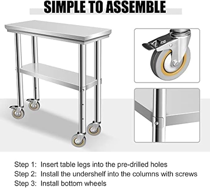 Stainless Steel Table - Metal Table Cart - Commercial Workbench with Caster Wheel - NSF Certified - for Restaurant, Warehouse, Home, Kitchen, Garage,30''x12''