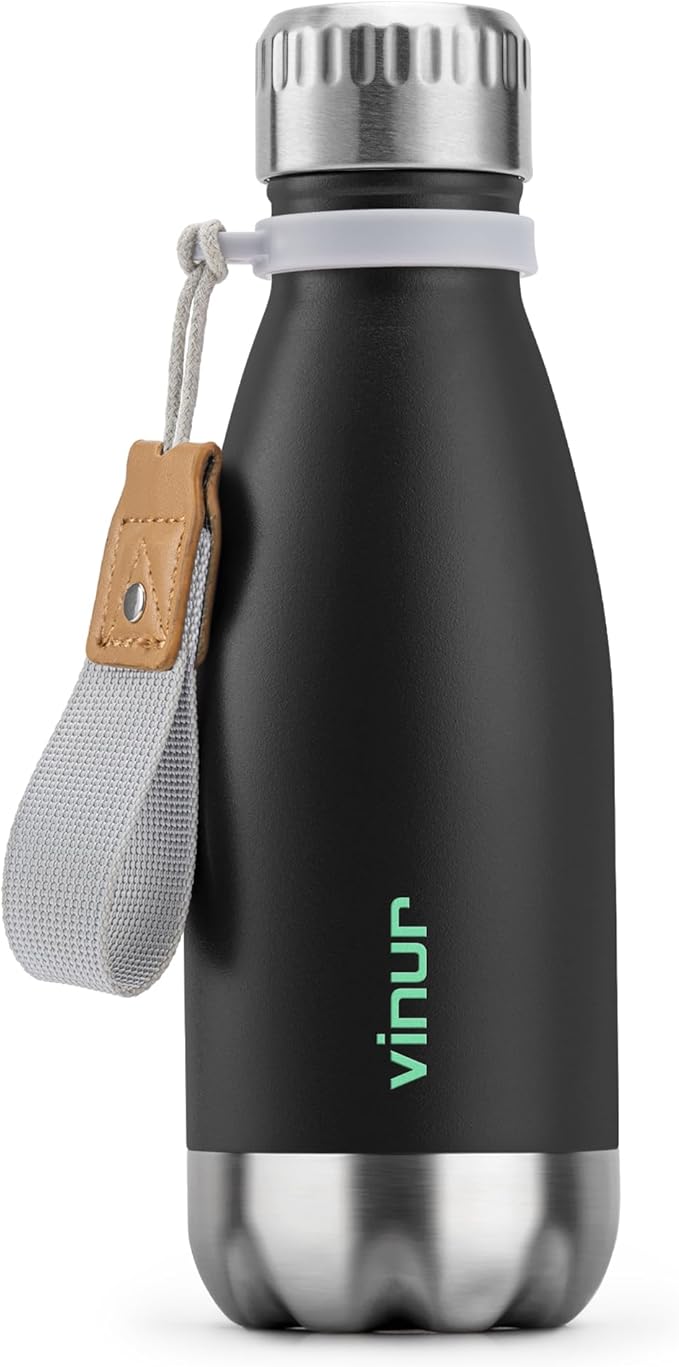 VINUR Kids Water Bottle-9 oz Stainless Steel Double Wall Vacuum Insulated Water Bottle for School-Cola Shape Flask with Carry Rope(Black)
