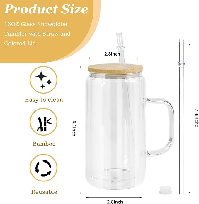 16oz Snowglobe Cups with Handle, 4Pack Pre-Drilled Sublimation Glass Cup with Lid and Straw, Double Wall Glass Coffee Mug, Snowglobe Cup Gifts for Snow Globe DIY Glitter, Bamboo Lid