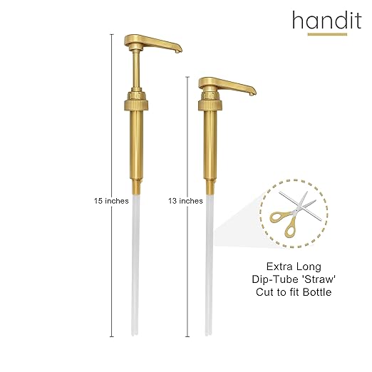 HANDIT - Gold Coffee Syrup Pumps with Tip Covers | Fits 25.4oz/750ml Liter Torani, Skinny, Davinci | Fits Monin Plastic 33.8oz Bottles | Does Not Fit Monin Glass 750ml | 6 w/Covers