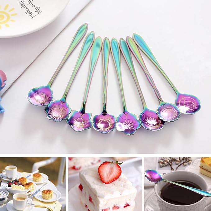 Stainless Steel Tableware Creative Flower Coffee, Sugar, Stir, Mix, Stir Bar, Tea, Cake, Sugar, Dessert Ice Cream Spoon Set of 8, Rainbow
