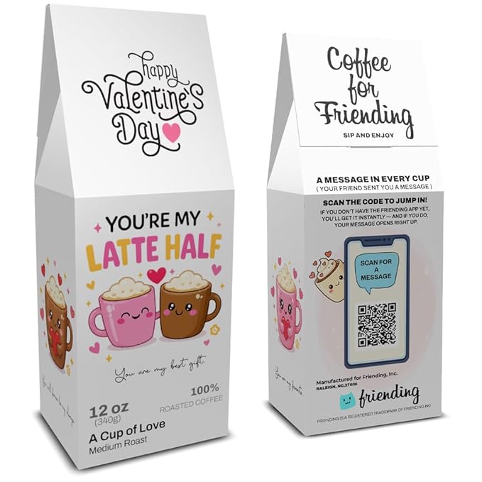 Latte Crush - Friending 12 oz Whole Bean Coffee, Medium Roast – Small Batch Roasted Fine Arabica Beans, Brazilian Single Origin – Made in USA – Valentine’s Coffee Gift with Private QR Love Message