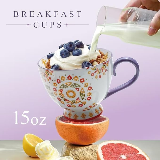 Coffee Mug Set With 2 Coffee Cups 2 Saucers, Underglaze Hand-Painted Vintage Creativetea 15 OZ large Tea Cup For Breakfast oatmeal milk And Cereal Cups