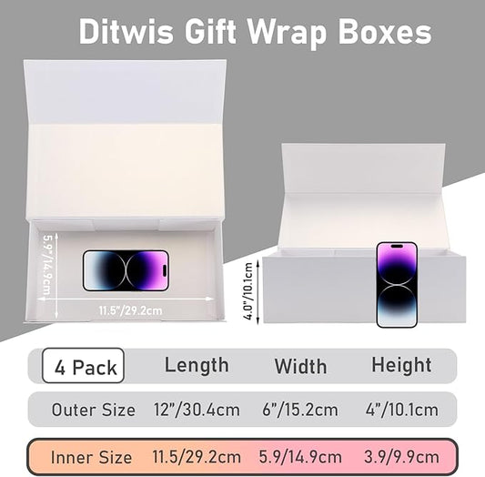 4 Pack 12x6x4 Inches Gift Boxes with Magnetic Closure Lids, White Magnetic Box for Wedding, Groomsmen Bridesmaid Proposal, Birthdays, Mother's Day