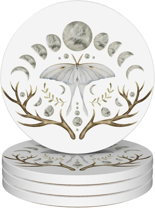 Drinks Coasters Set of 4, Luna Moth Round 4" Cup Coasters, Absorbent Ceramic Stone Coasters with Cork Base, Cute Coasters for Table Home Décor, Ideal Gifts for Women Men