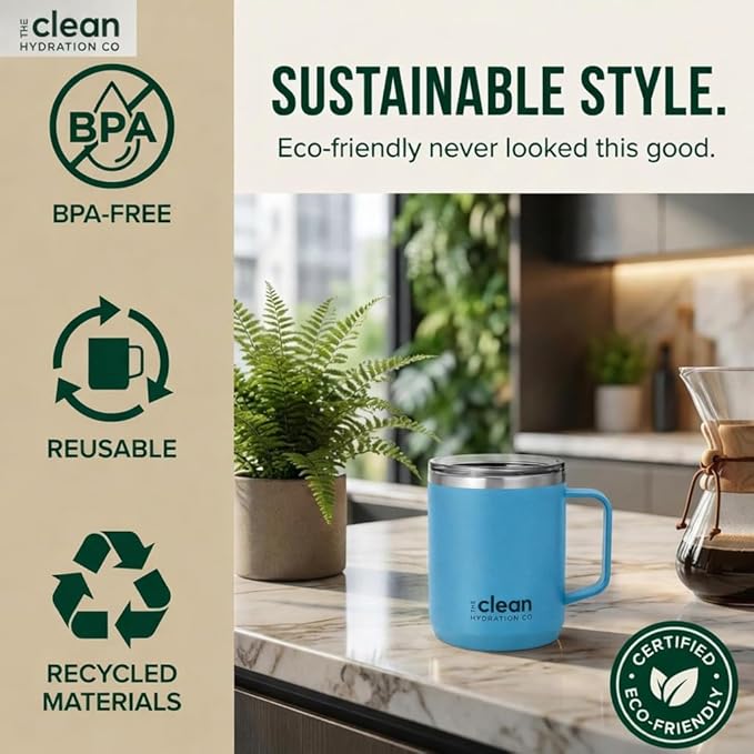 Coffee Mug Travel Mug Insulated 12 Oz | Ceramic Lined Travel Cup with Lid | Reusable Office Mug Double Wall Vacuum Eco-Friendly BPA-Free (Aqua)