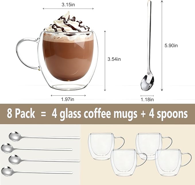 DINGPAl 4 Pack 8oz Double Wall Glass Coffee Mugs,Heat-resistant Borosilicate Glass Mug Cappuccino Espresso Tea Latte Cup with Handle,4 Spoons for Stirring Beverages in Bar,Cafe,or at Home