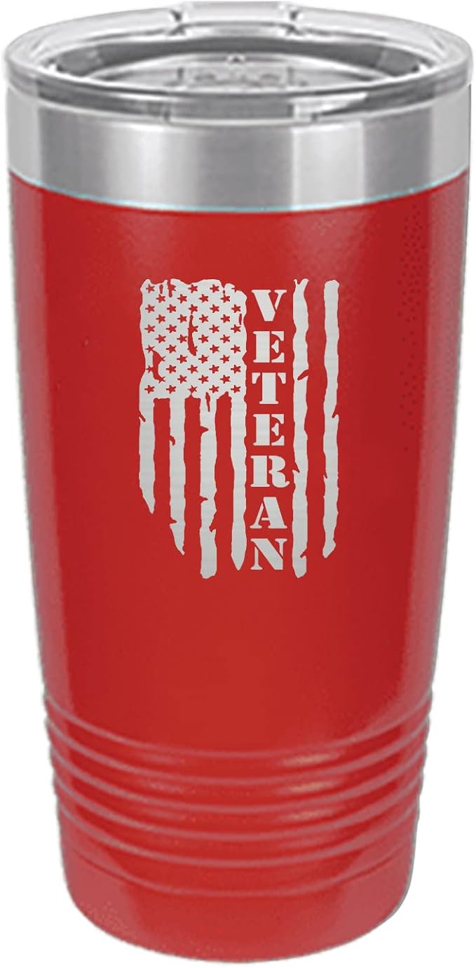 Rogue River Tactical USA Flag Veteran 20 Oz. Travel Tumbler Mug Cup w/Lid Vacuum Insulated Hot or Cold Military Vet Gift (Red)