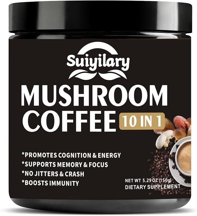 Mushroom Coffee, 10 Mushroom Extract Powder Blend Lion's Mane, Reishi, Chaga, Cordyceps, Turkey Tail, Brain Supplements with Instant Coffee for Energy, Focus, Memory and Immunity 150g