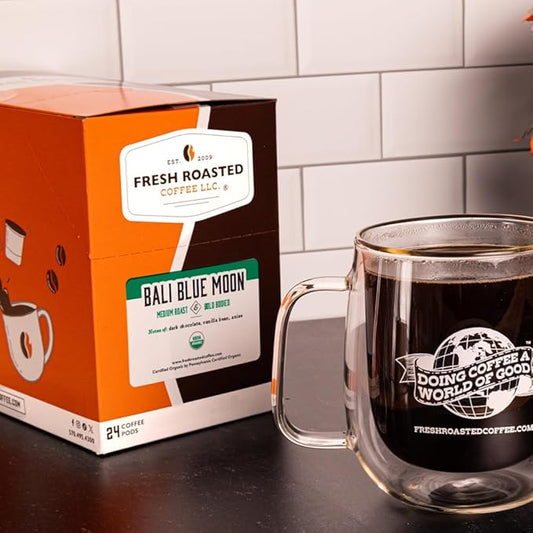 Fresh Roasted Coffee, Organic Bali Blue Moon | USDA Organic, Kosher | Medium Roast 72 Pods for K Cup Brewers