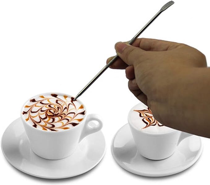 JinYu Coffee Art Maker Set, 16 Pieces Coffee Decorating Stencils Barista Template +1 Latte Pen + 2 Pack Spiral Pattern Mixing Spoon Fork 2 in 1 for Mousse Cake Birthday Party Bar Espresso (19 Pcs)