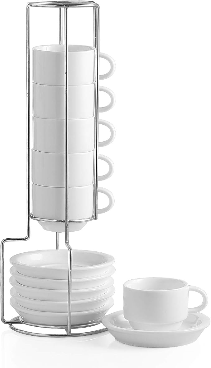Sweejar Porcelain Espresso Cup & Saucer Set, Stackable Demitasse Cups with Metal Stand, 2.5 OZ for Latte,Coffee,Cafe Mocha,Tea, Set of 6(White)