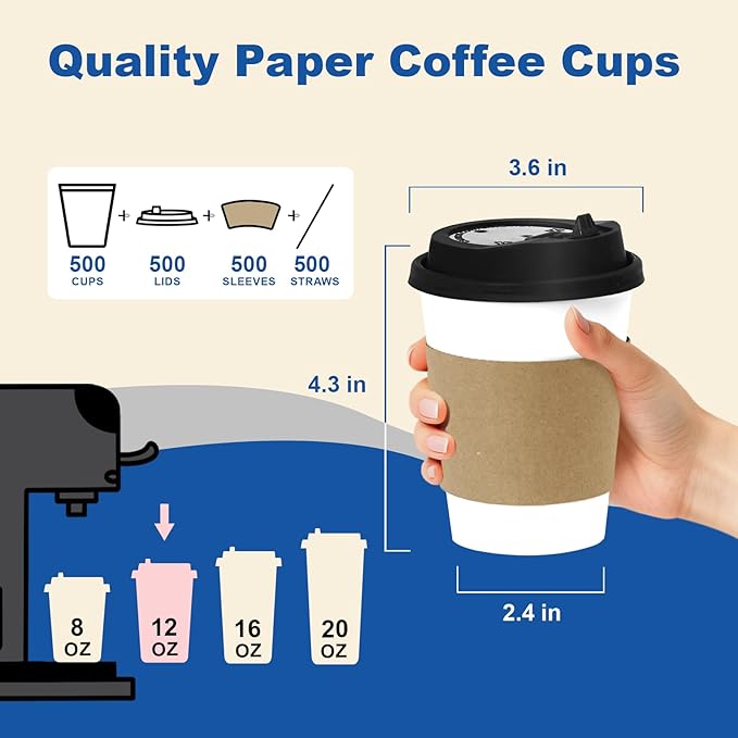 Coolcap 12 oz 500 Pack Coffee Cups with Lids and Sleeves, Straws, Hot Disposable To Go Travel Paper Cups Bulk for Office, Home Coffee Bar Accessories, Chocolate, Cocoa, Beverage (White)