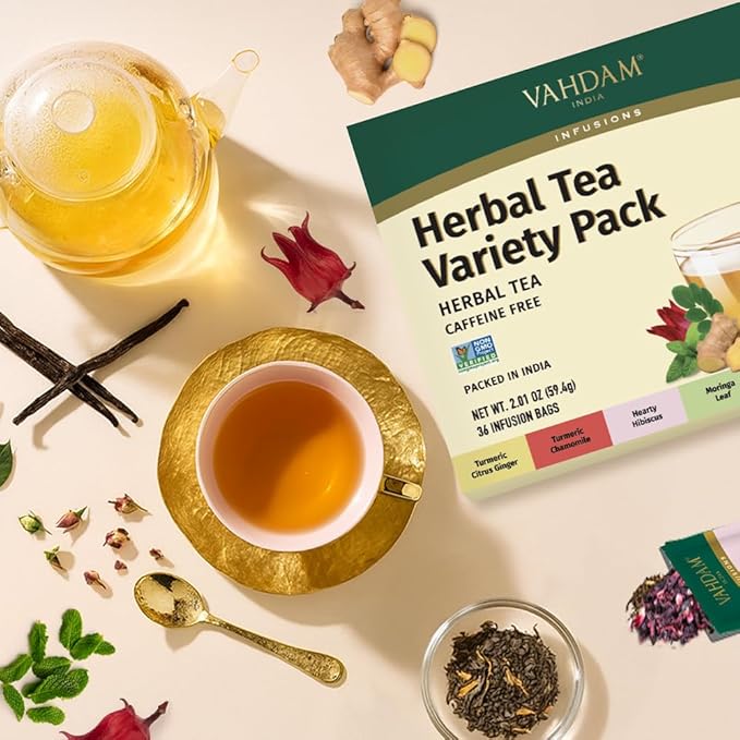 VAHDAM, Assorted Herbal Tea Gift Set (36 Tea Bags, 6 Flavors) Caffeine-Free, Non-GMO | Double Infusion, Individually Enveloped Tea Bags | Herbal Tea variety Pack | Valentines Day Gifts for Him & Her