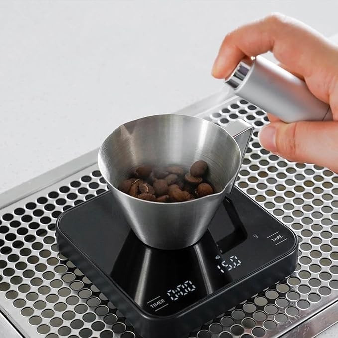 watchget Stainless Steel Espresso Cups, Double Spout & Dual Scale Measuring Cup with Handle, 3.4OZ/100ml Capacity Espresso Accessories for Coffee Brewing (Silver)