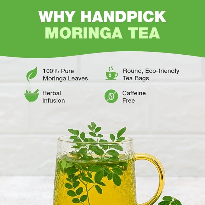 HANDPICK, Organic Moringa Tea Bags (100 Count), Pure Moringa Leaves | Authentic Indian Origin | Caffeine Free, Non GMO | Round Eco-conscious Teabags