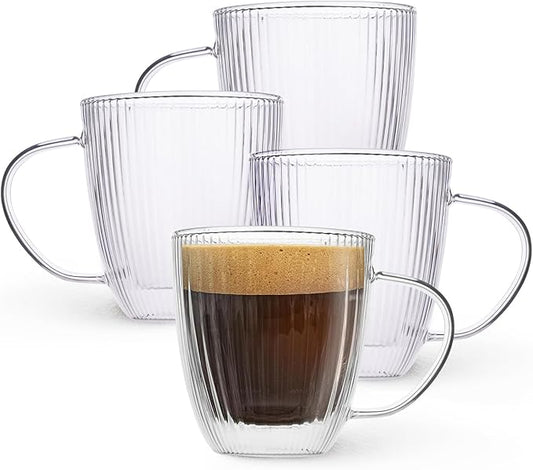 Jayour Fluted Double-Wall Glass Coffee Mugs | 15oz Latte & Cappuccino Mugs | Modern Ribbed Design - Set of 4